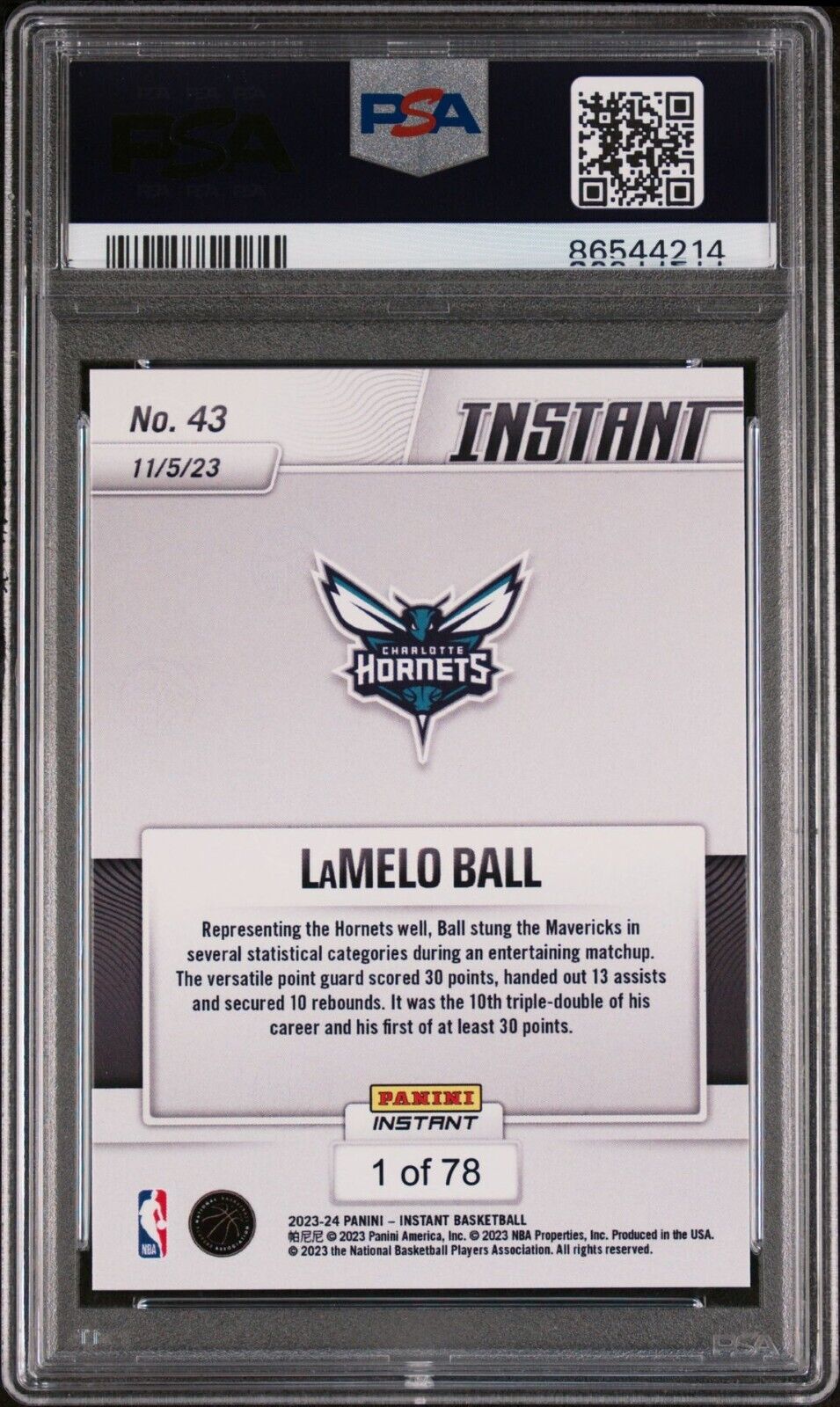 Lamelo Ball 2023-24 Panini #43 NBA Basketball Card Hornets 1 of 78 PSA 9 Mint