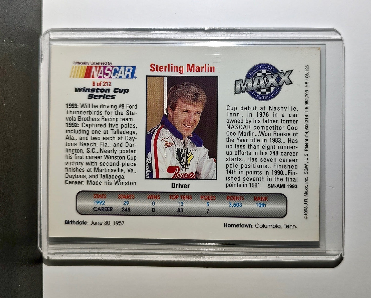 Sterling Marlin 1993 Maxx Premier Plus Racing #8 NASCAR Stavola Brothers Racing