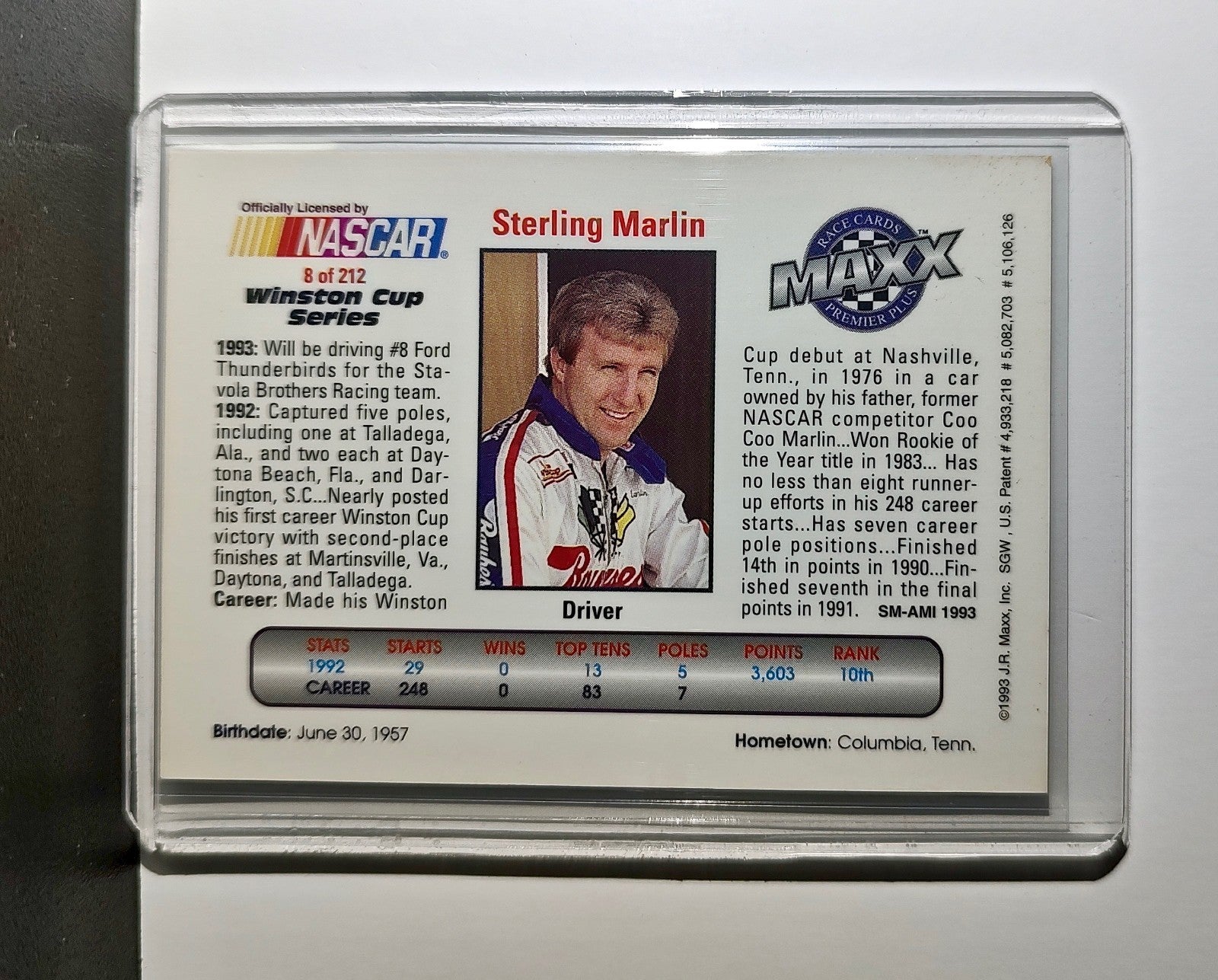 Sterling Marlin 1993 Maxx Premier Plus Racing #8 NASCAR Stavola Brothers Racing