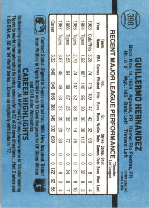 1988 Willie Hernandez Donruss Baseball Card #398