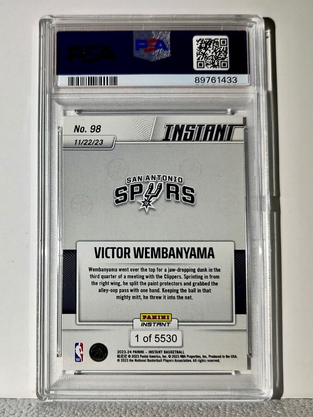 Victor Wembanyama 2023-24 Panini #98 NBA Rookie Card Spurs 1 of 5530 PSA 9 Mint