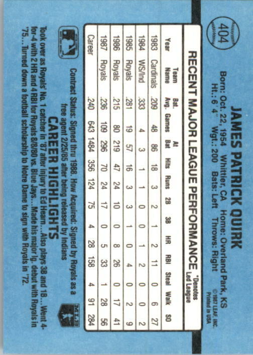 1988 Jamie Quirk Donruss Baseball Card #404