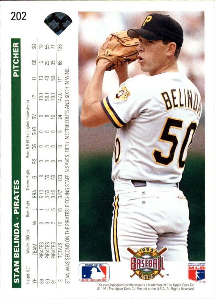 Stan Belinda 1992 Upper Deck MLB #202 Baseball Card Pittsburgh Pirates