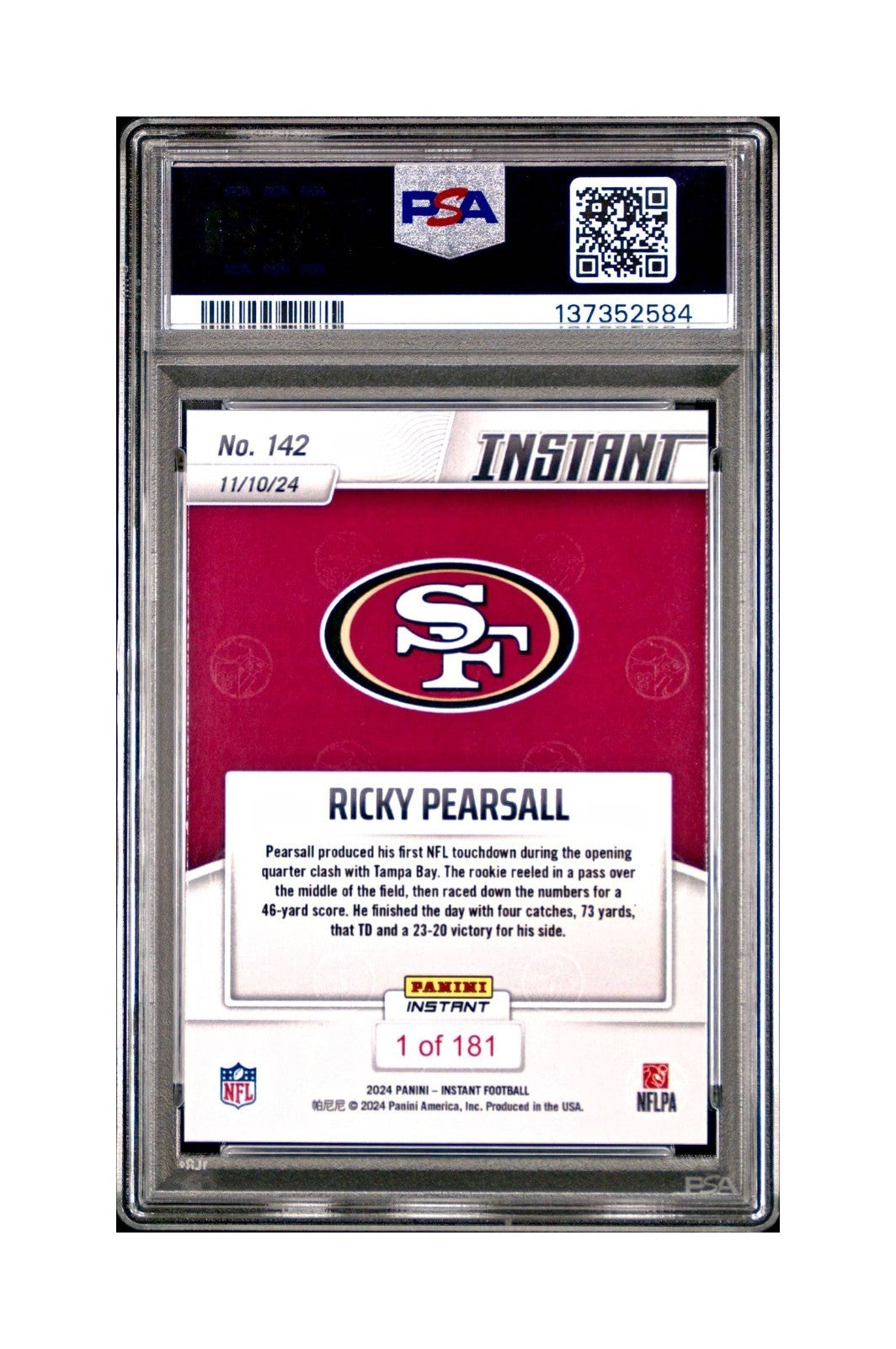 Ricky Pearsall Rookie 2024 Panini Instant NFL #142 PSA 10 Gem Mint