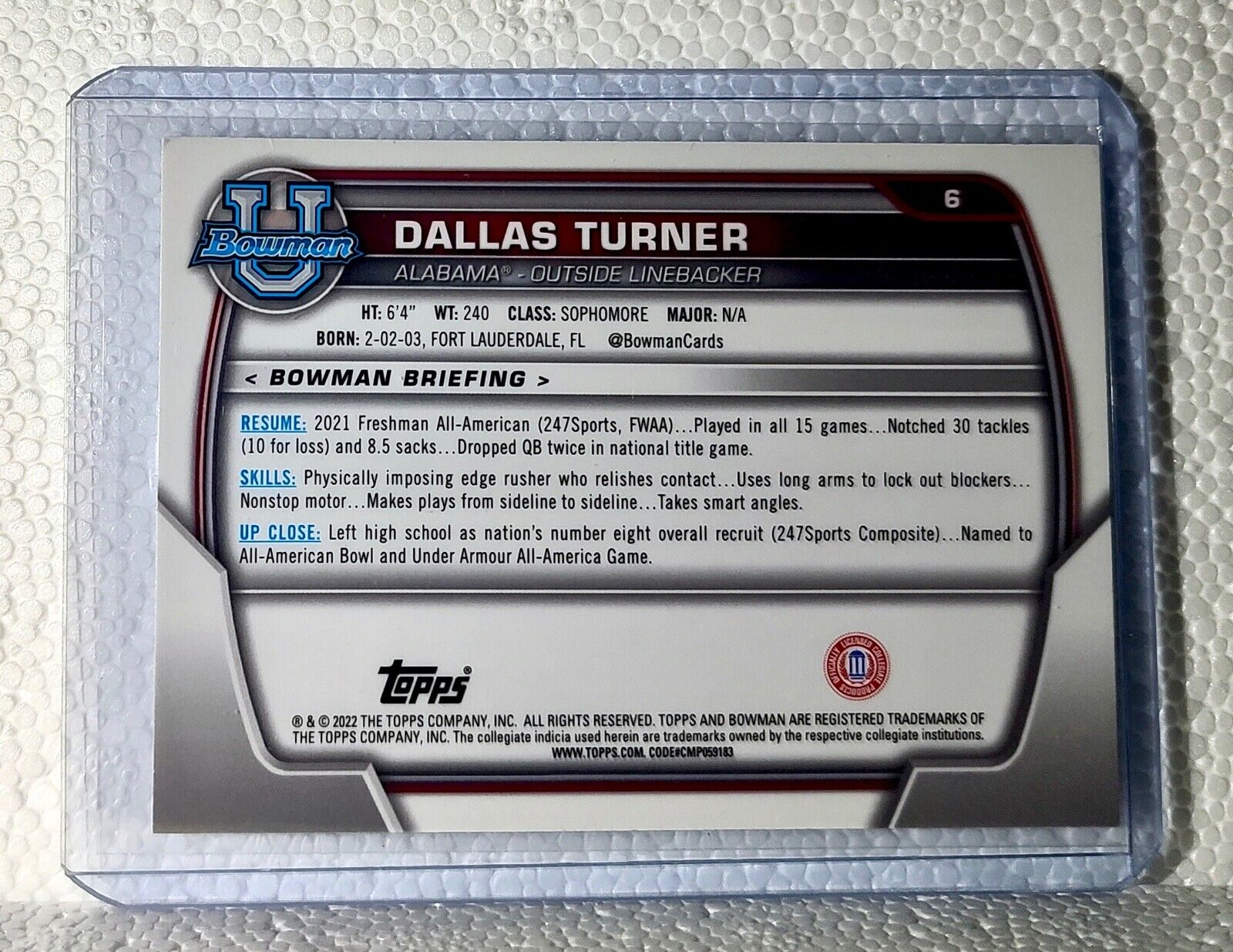 Dallas Turner 2022 Topps 1st Bowman U Football #6 Card Alabama