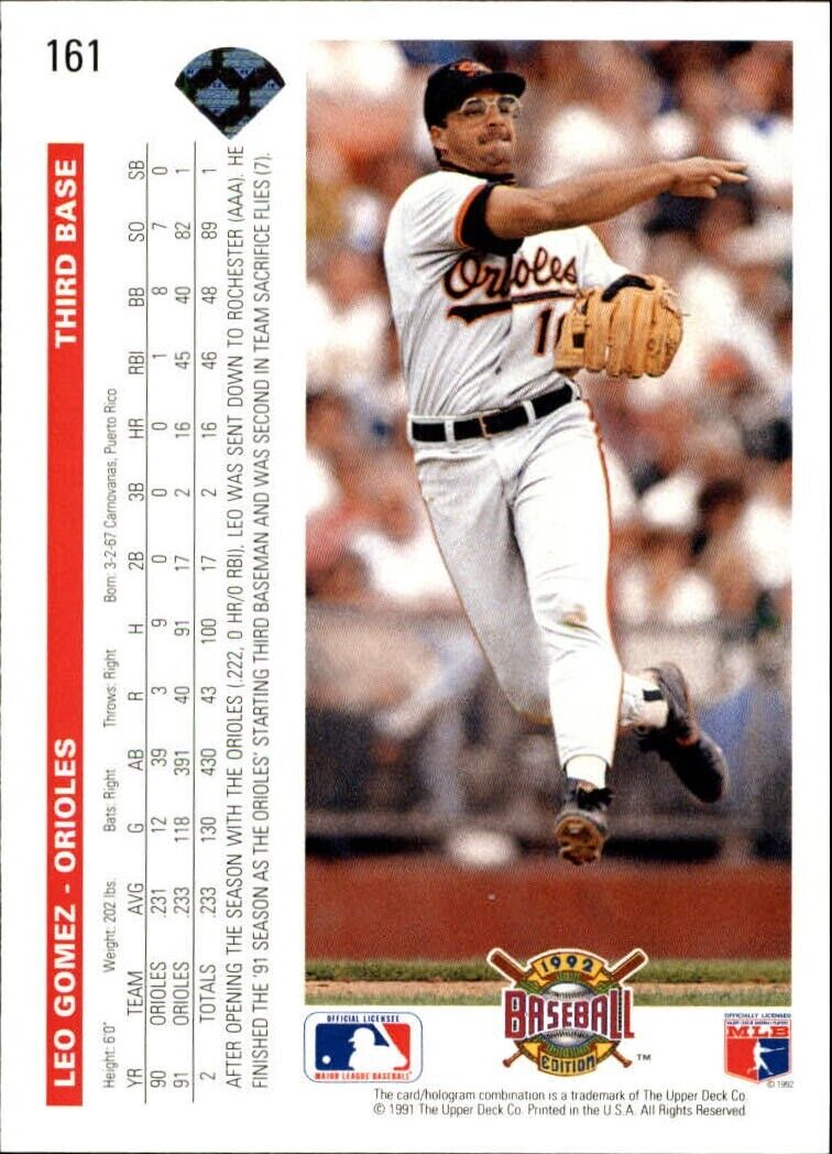 Leo Gomez 1992 Upper Deck MLB #161 Baseball Card Baltimore Orioles