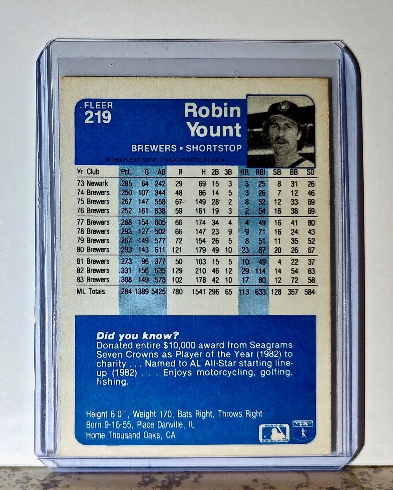 Robin Yount 1984 Fleer MLB #219 Baseball Card Milwaukee Brewers