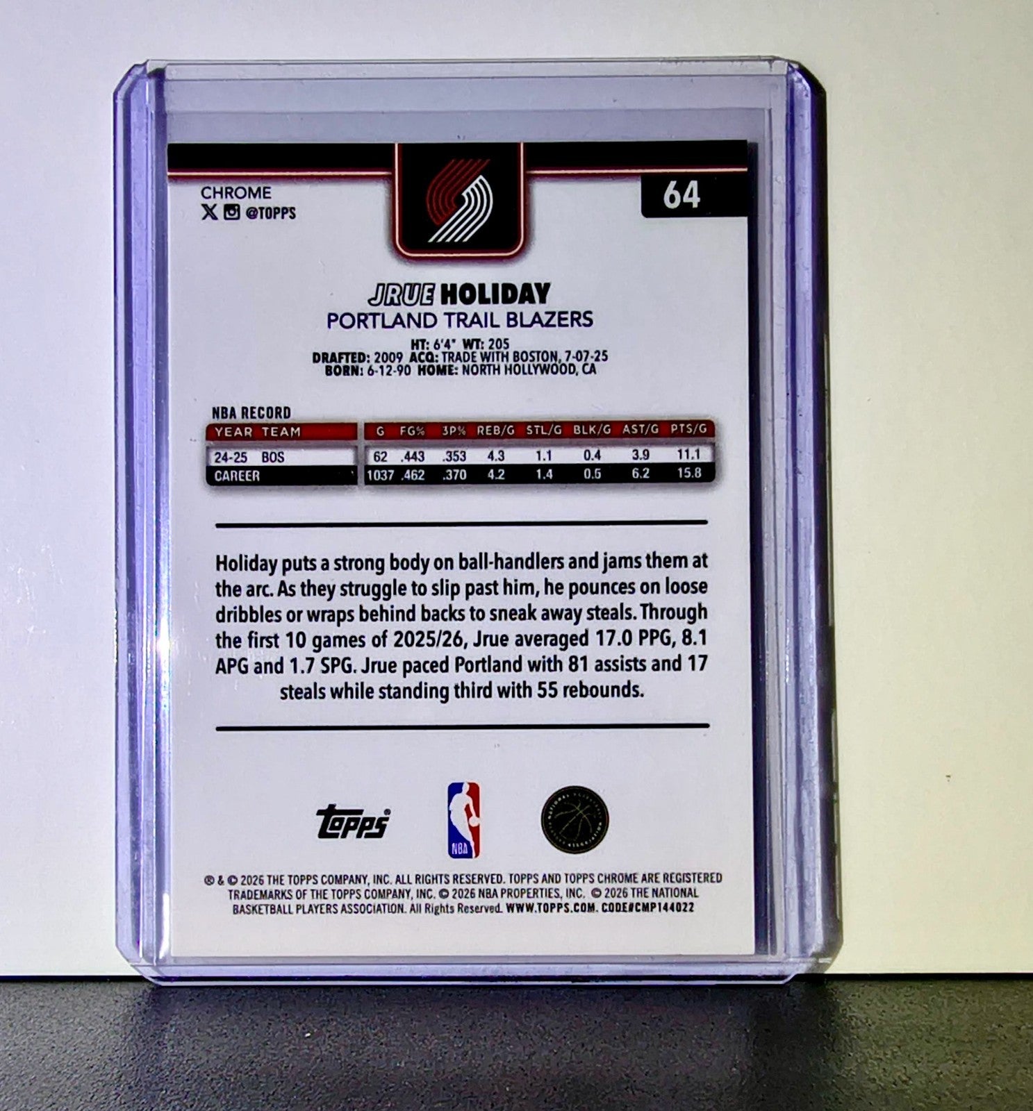 Jrue Holiday 2025-26 NBA Topps Chrome Update RayWave Refractor #64 Card