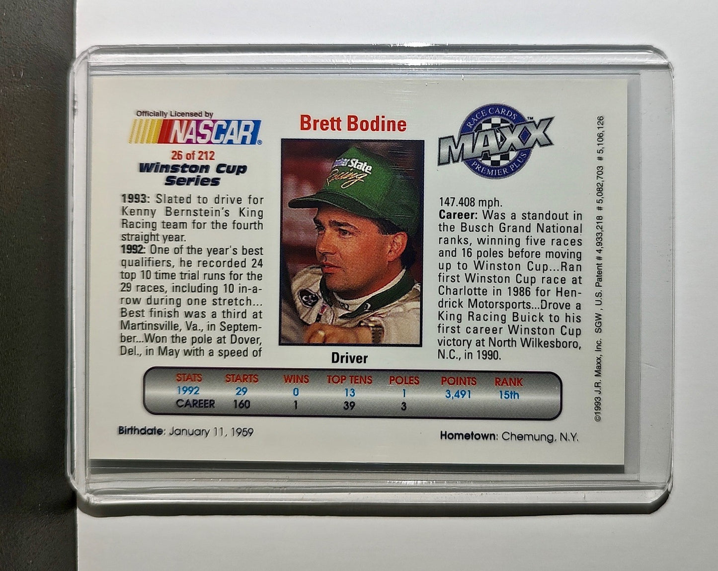 Brett Bodine 1993 Maxx Premier Plus Racing #26 NASCAR Card King Racing