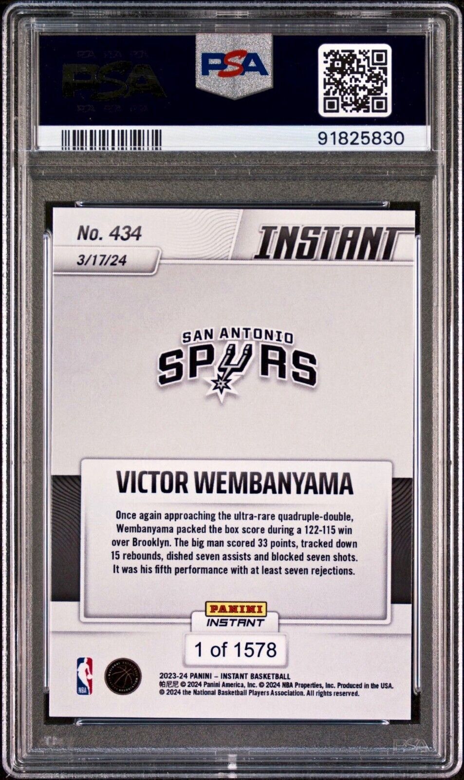 Victor Wembanyama 2023-24 Panini #434 NBA Rookie Card 1 of 1578 PSA 9 Mint