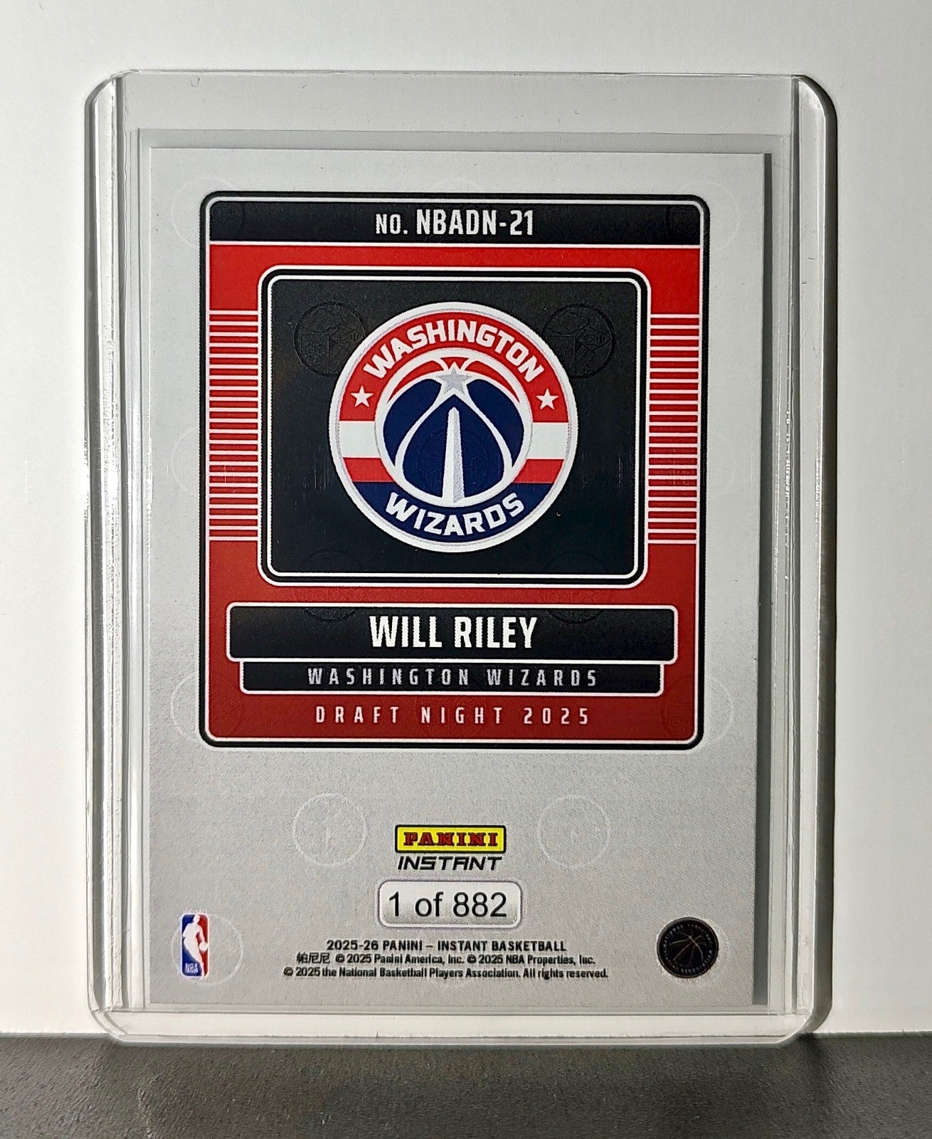 Will Riley Rookie 2025-26 Panini NBA #21 Draft Night Card Washington Wizards