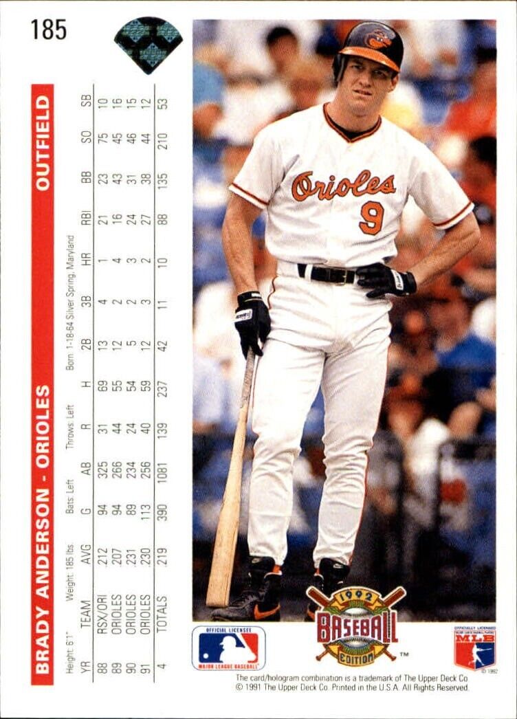 Brady Anderson 1992 Upper Deck MLB #185 Baseball Card Baltimore Orioles