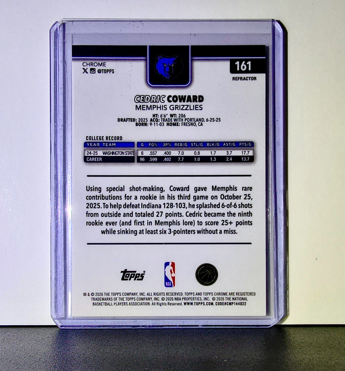 Cedric Coward Rookie 2025-26 NBA Topps Chrome Update Refractor #161 Grizzlies