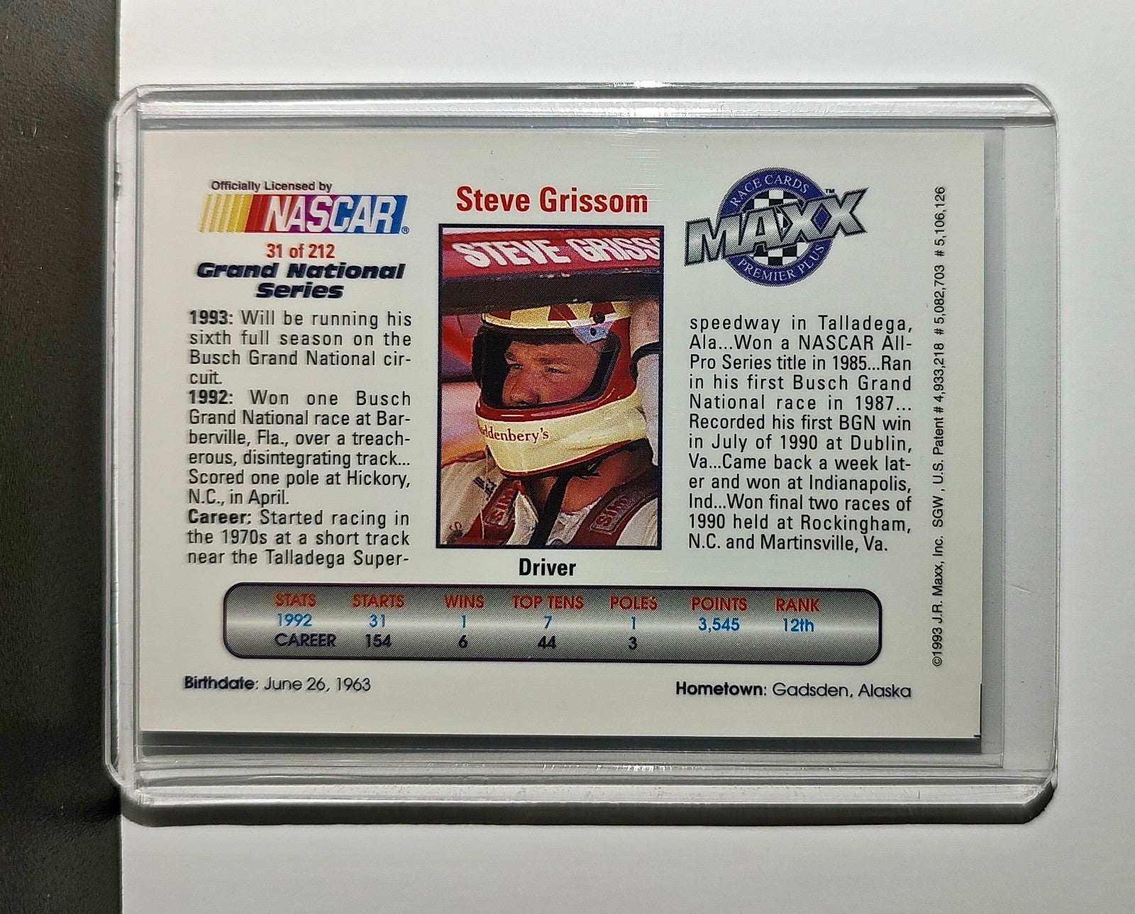 Steve Grissom 1993 Maxx Premier Plus Racing #31 NASCAR Card Grissom Racing