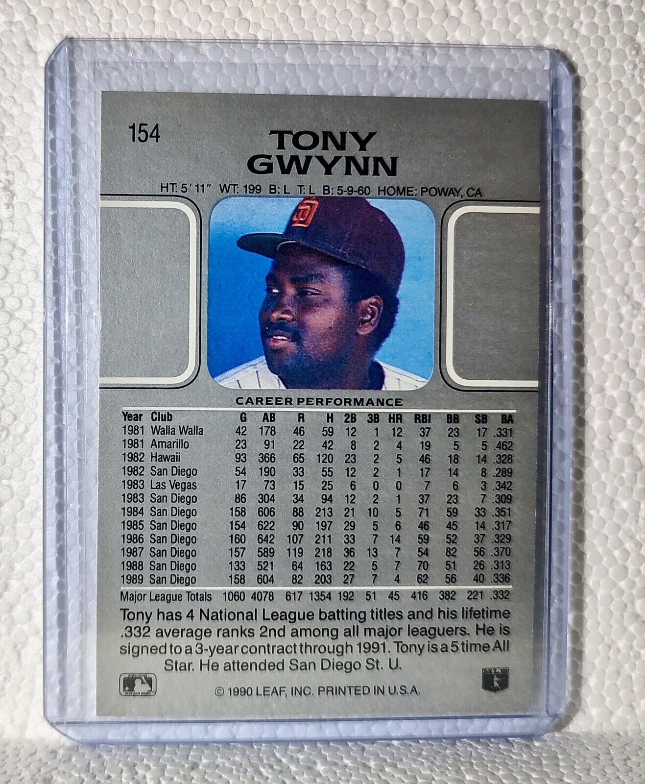 Tony Gwynn 1990 Leaf MLB #154 Baseball Card San Diego Padres