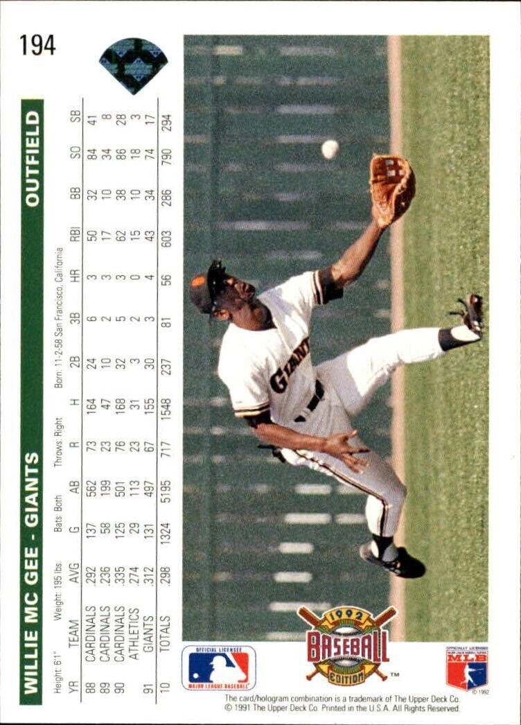 Willie McGee 1992 Upper Deck MLB #194 Baseball Card San Francisco Giants