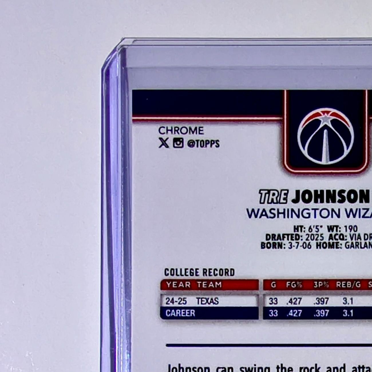 Tre Johnson III Rookie 2025-26 NBA Topps Chrome Update #156 Card Wizards