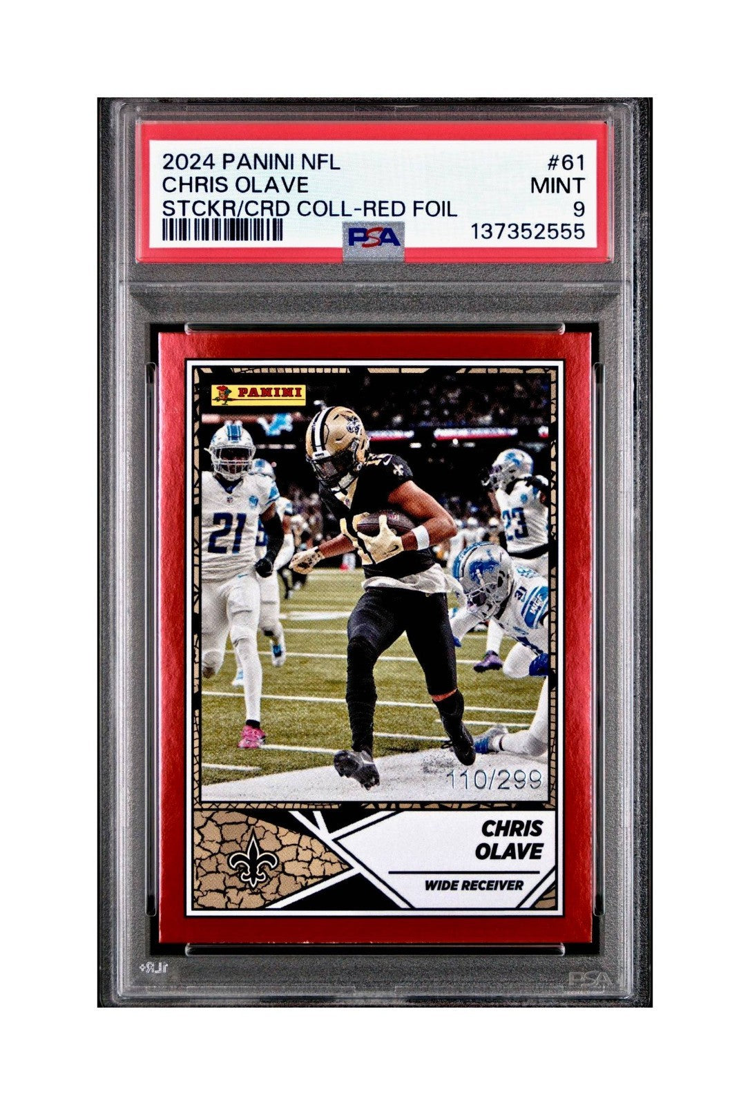 Chris Olave 2024 Panini Sticker Collection 110/299 #61 Red Foil PSA 9 Mint
