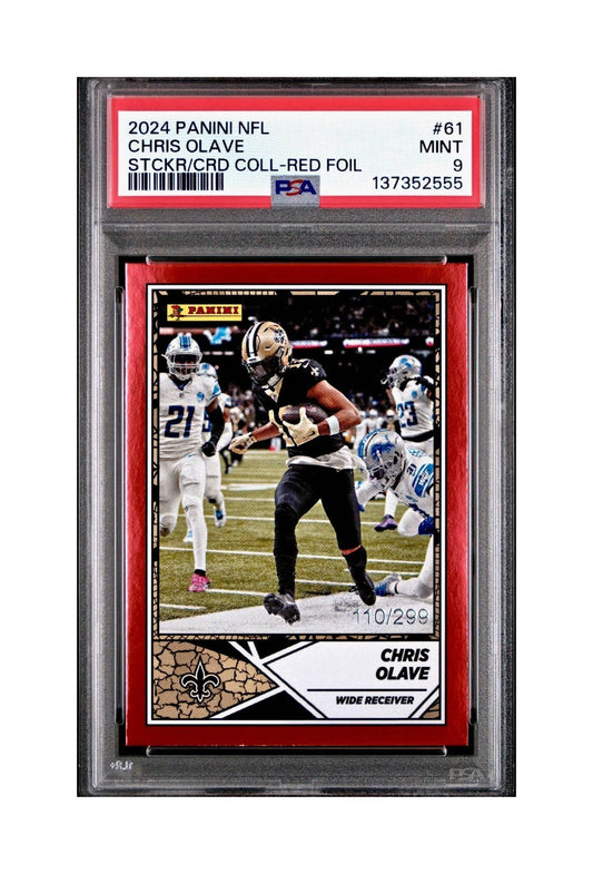Chris Olave 2024 Panini Sticker Collection 110/299 #61 Red Foil PSA 9 Mint