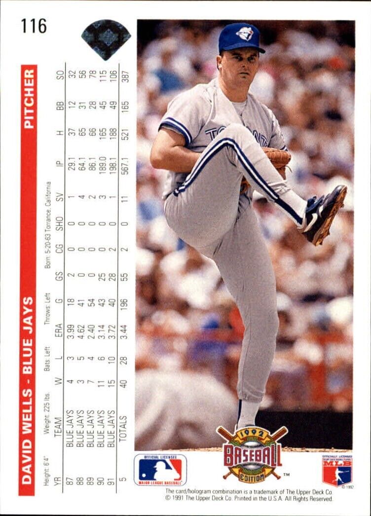 David Wells 1992 Upper Deck MLB #116 Baseball Card Toronto Blue Jays