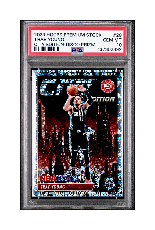 Trae Young 2023 Panini Hoops Premium City Edition #28 Disco Prizm PSA 10 Gem