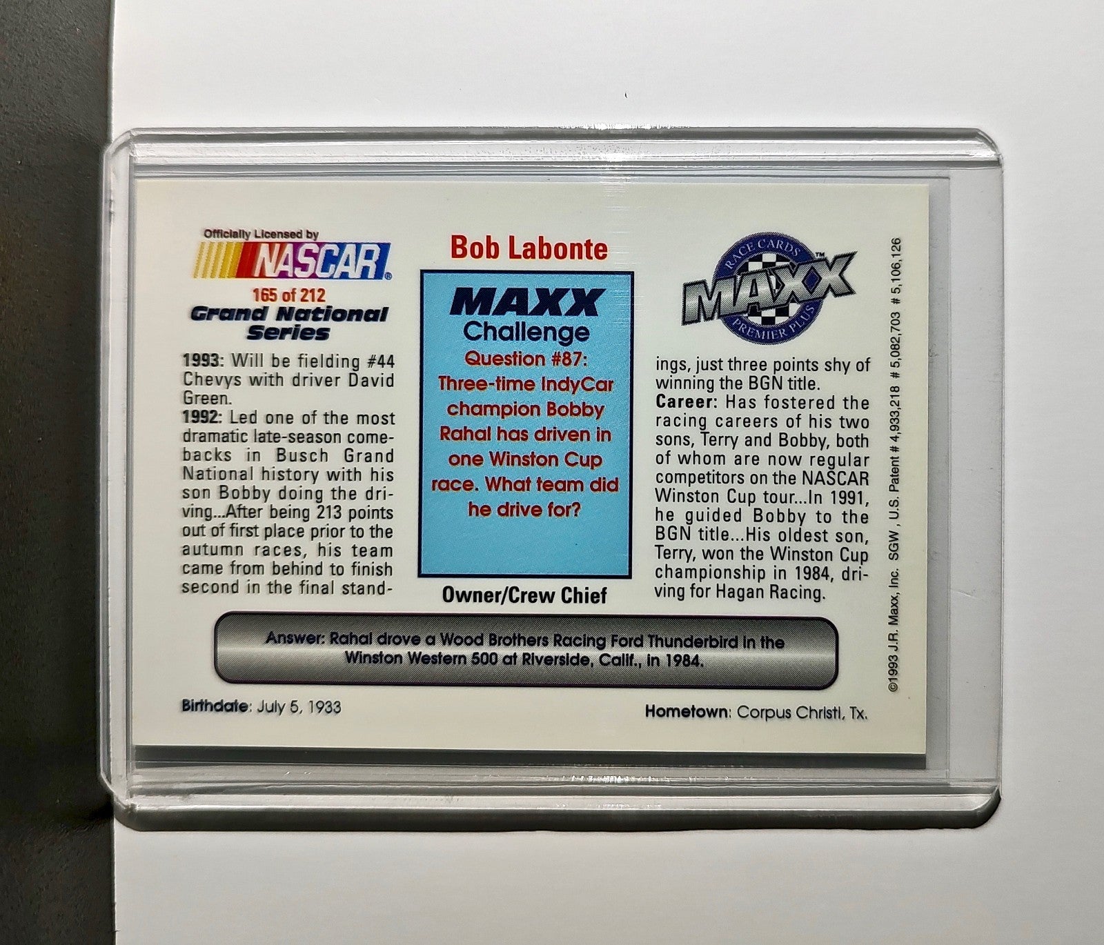 Bob Labonte 1993 Maxx Premier Plus Racing #165 NASCAR Card Labonte Motorsports