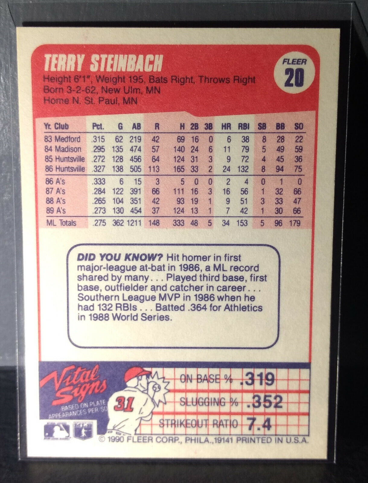 1990 Terry Steinbach Fleer Baseball Card #20