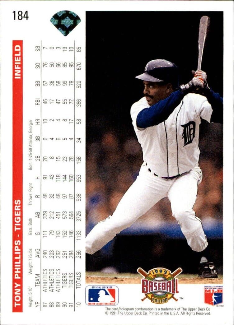 Tony Phillips 1992 Upper Deck MLB #184 Baseball Card Detroit Tigers