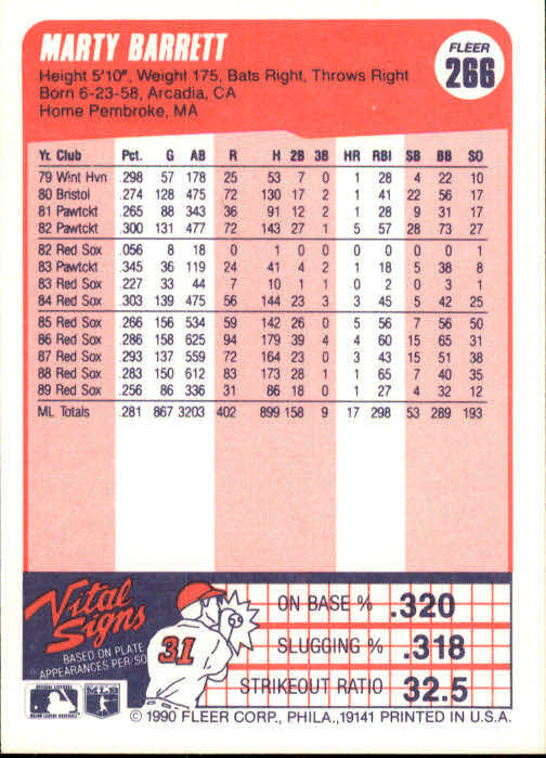 1990 Marty Barrett Fleer Baseball Card #266