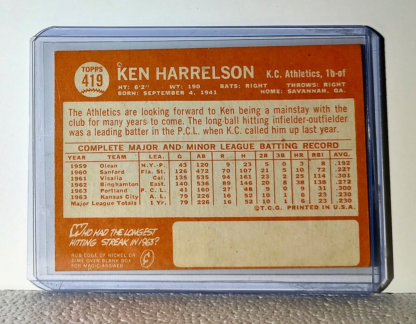 Ken Harrelson 1963 Topps MLB #419 Baseball Card Kansas City Athletics