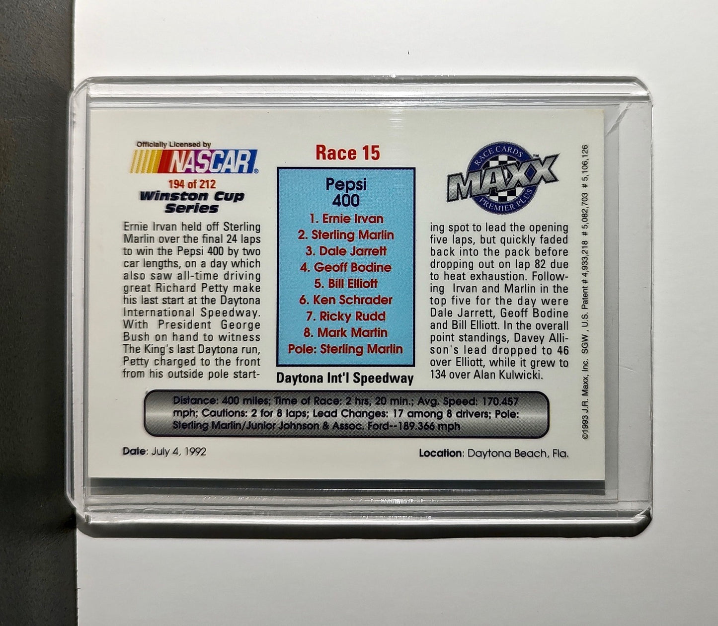 Race 15 Daytona YR 1993 Maxx Premier Plus Racing #194 NASCAR Card Morgan-McClure