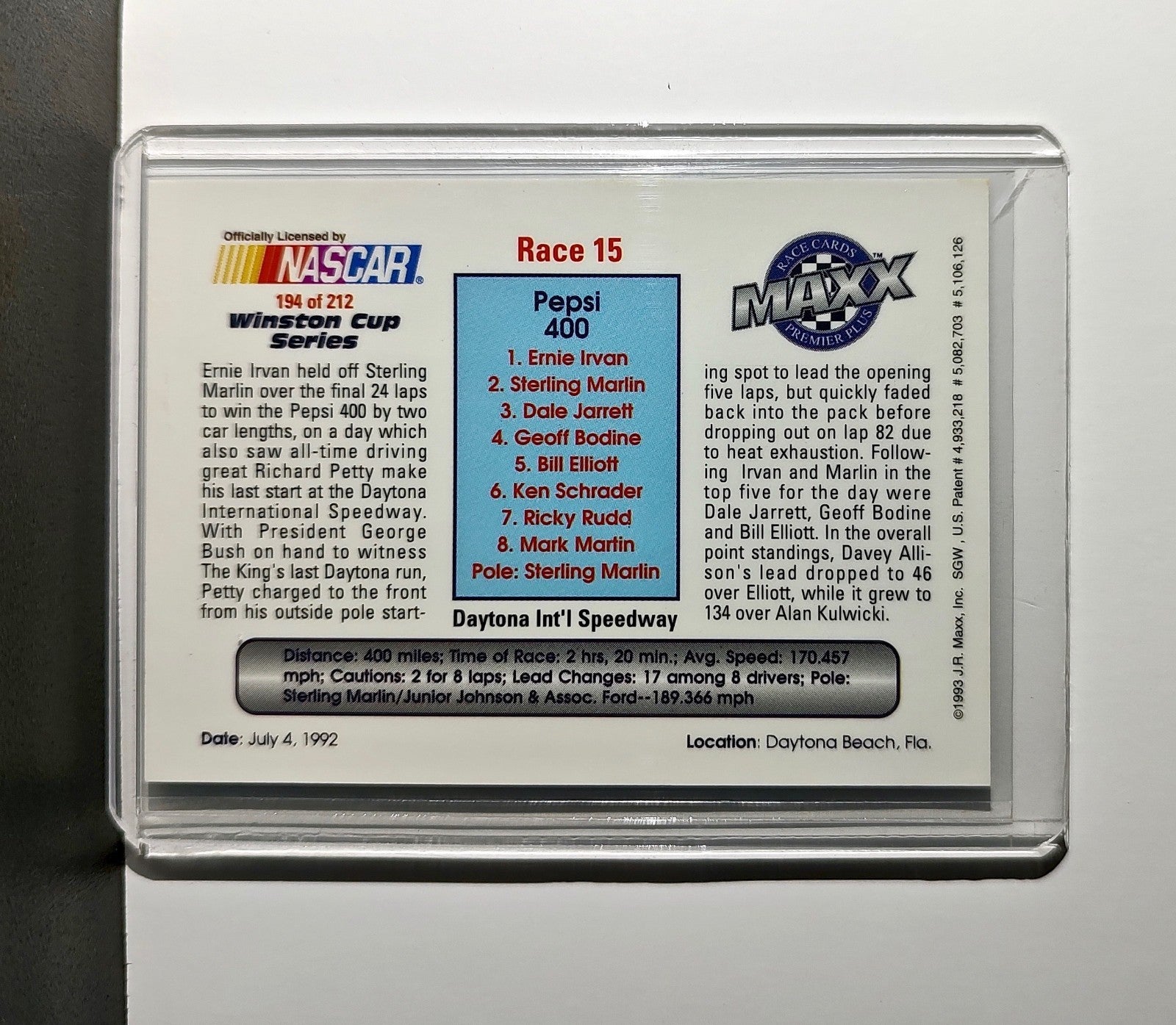 Race 15 Daytona YR 1993 Maxx Premier Plus Racing #194 NASCAR Card Morgan-McClure