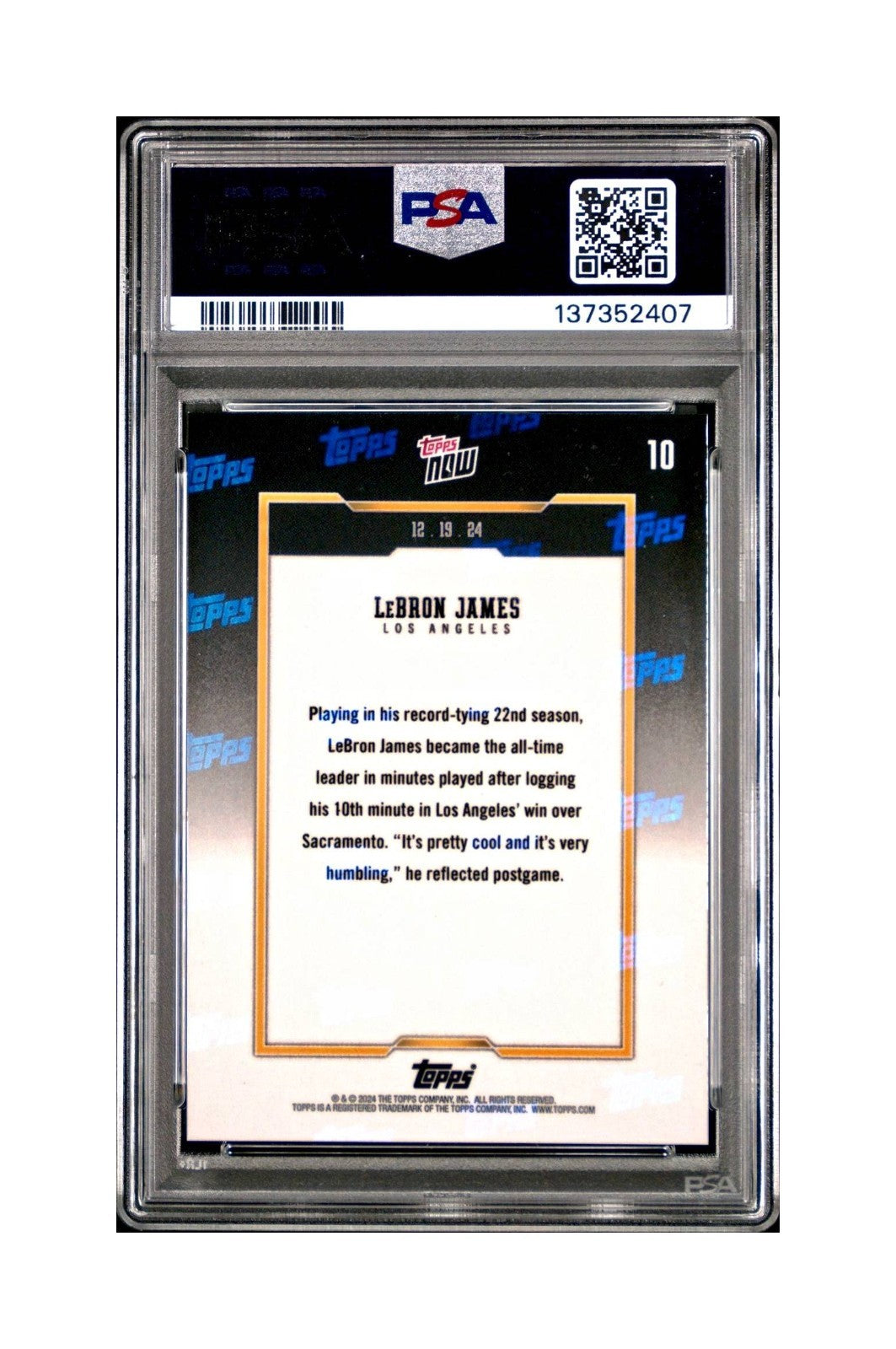 LeBron James 2024 Topps Now #10 All-Time Leader Minutes Played PSA 10 Gem Mint