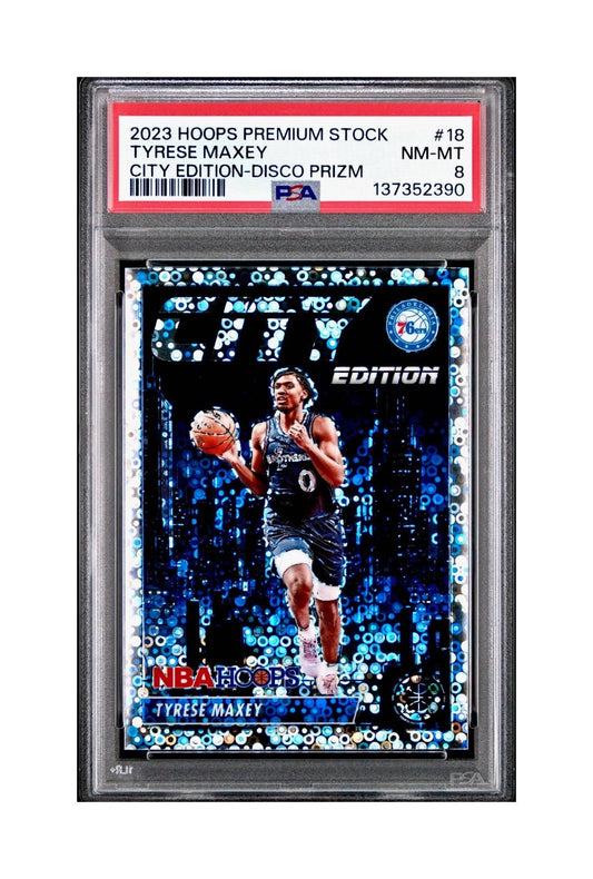 Tyrese Maxey 2023 Panini Hoops Premium City Edition #18 Disco Prizm PSA 8 NM-MT
