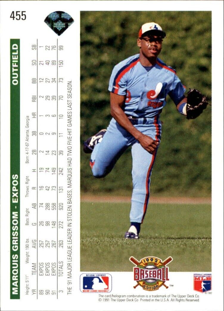 Marquis Grissom 1992 Upper Deck MLB #455 Baseball Card Montreal Expos