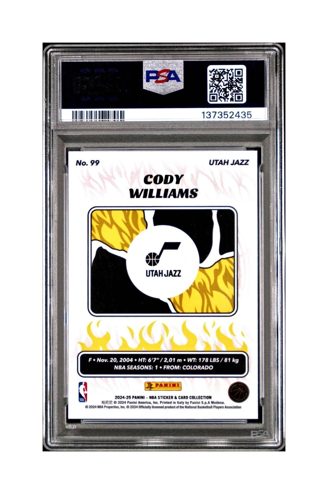 Cody Williams Rookie 2024-25 Panini NBA #99 Sticker 4/50 Orange Foil PSA 7 NM