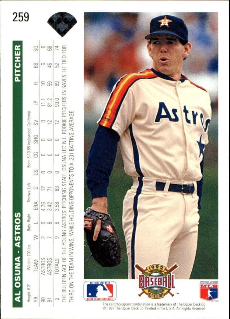 Al Osuna 1992 Upper Deck MLB #259 Baseball Card Houston Astros