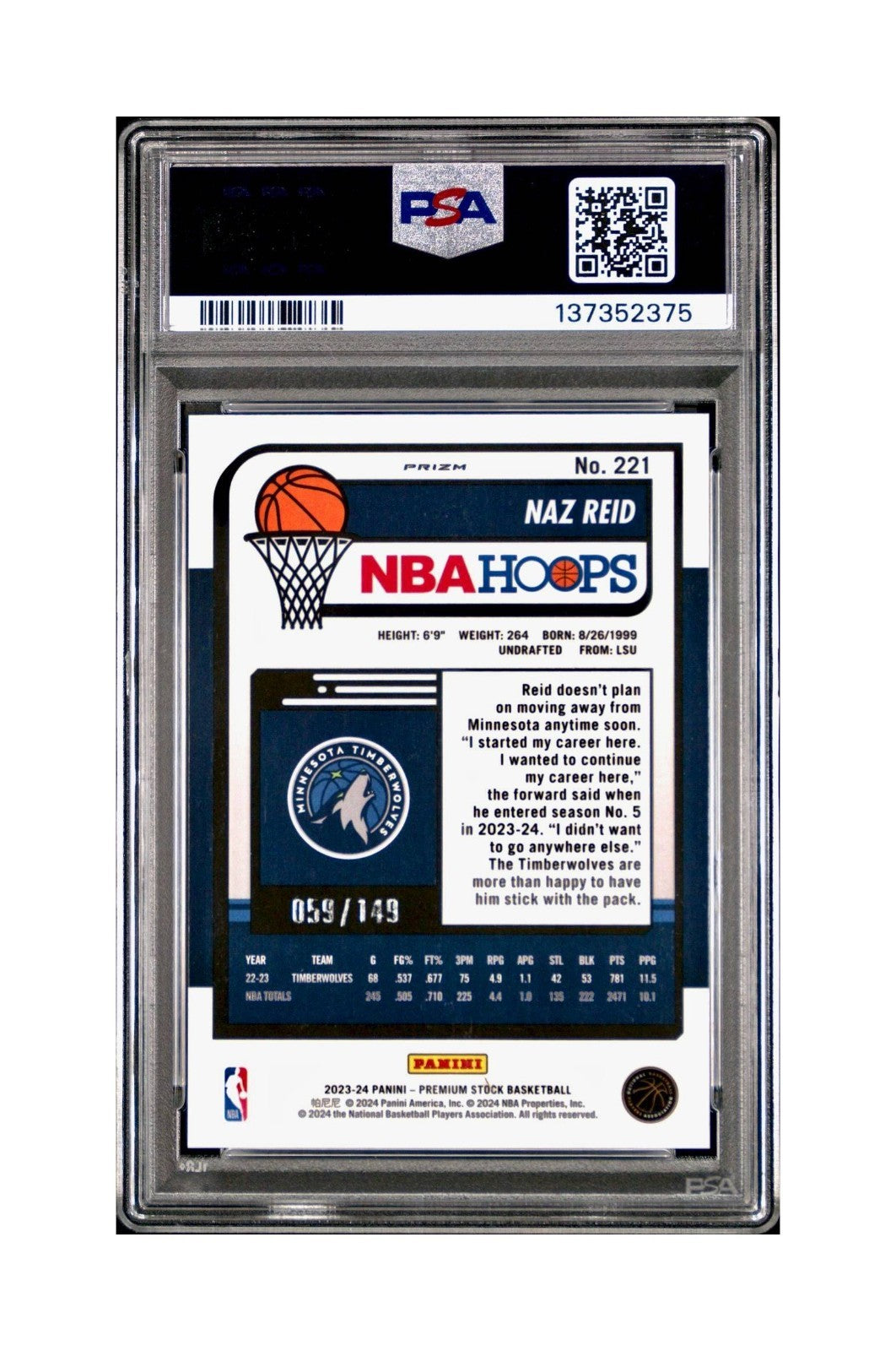 Naz Reid 2023 Panini Hoops Premium #221 59/149 Red Disco Prizm PSA 10 Gem Mint