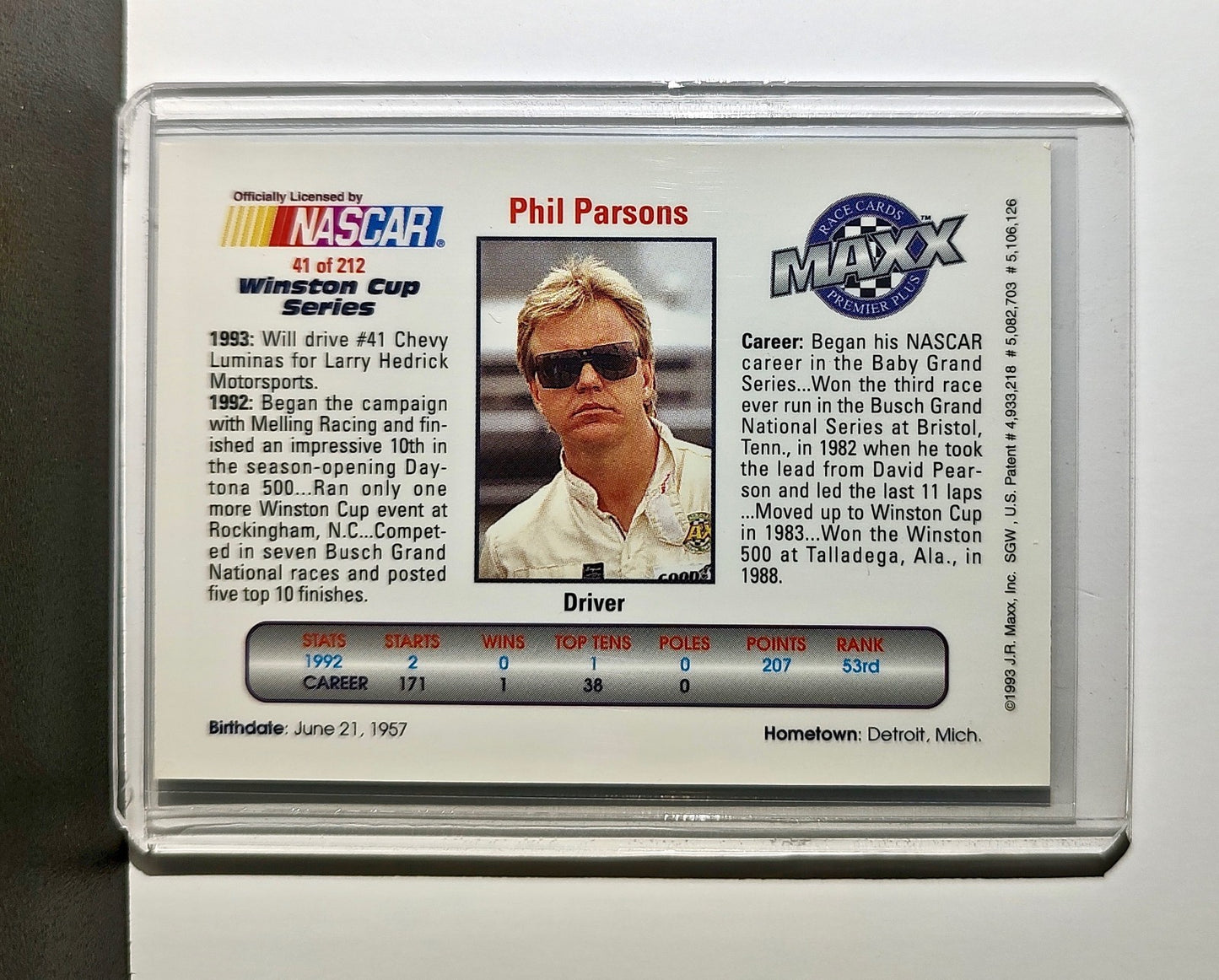 Phil Parsons 1993 Maxx Premier Plus Racing #41 NASCAR Card Melling Racing