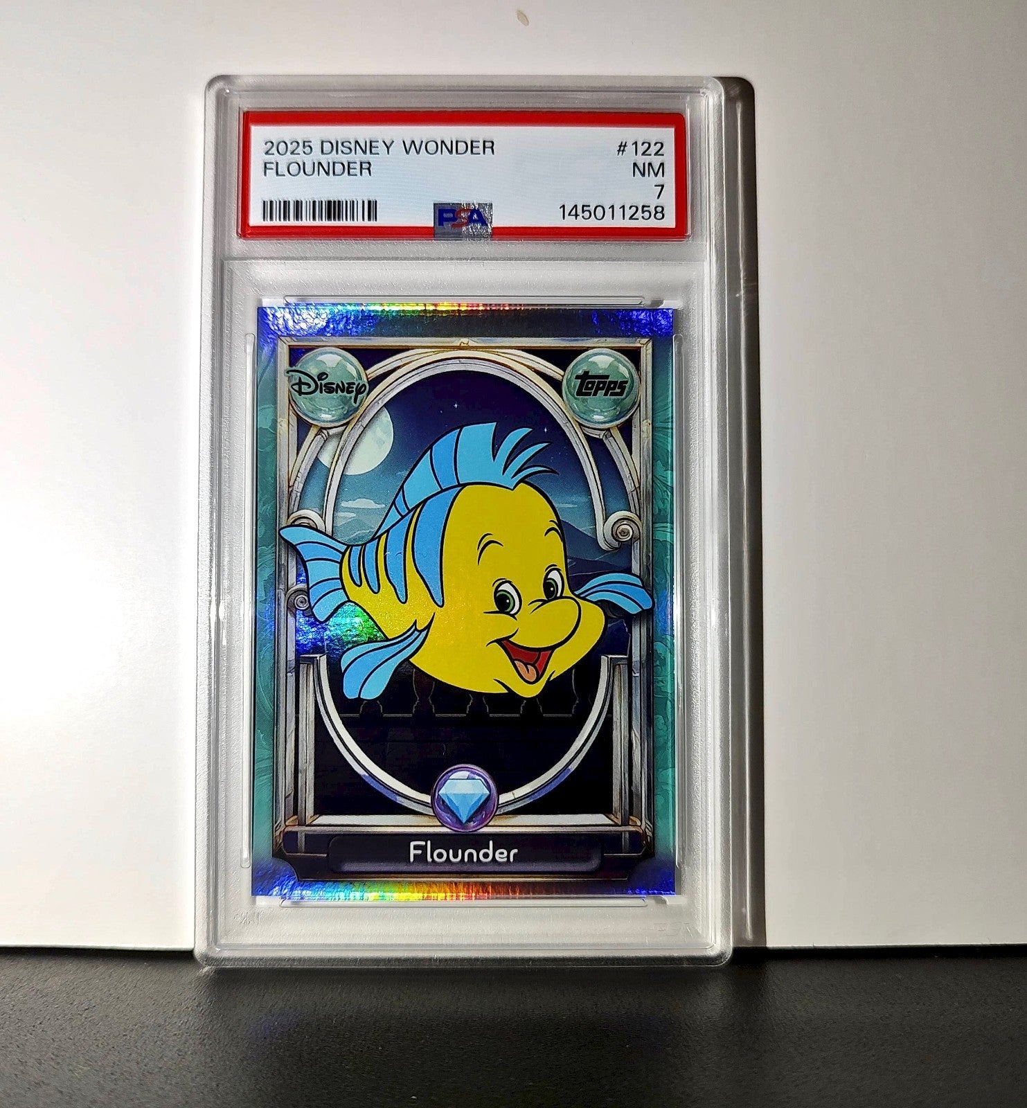 Flounder 2025 Topps Disney Wonder #122 Diamond Card The Little Mermaid PSA 7