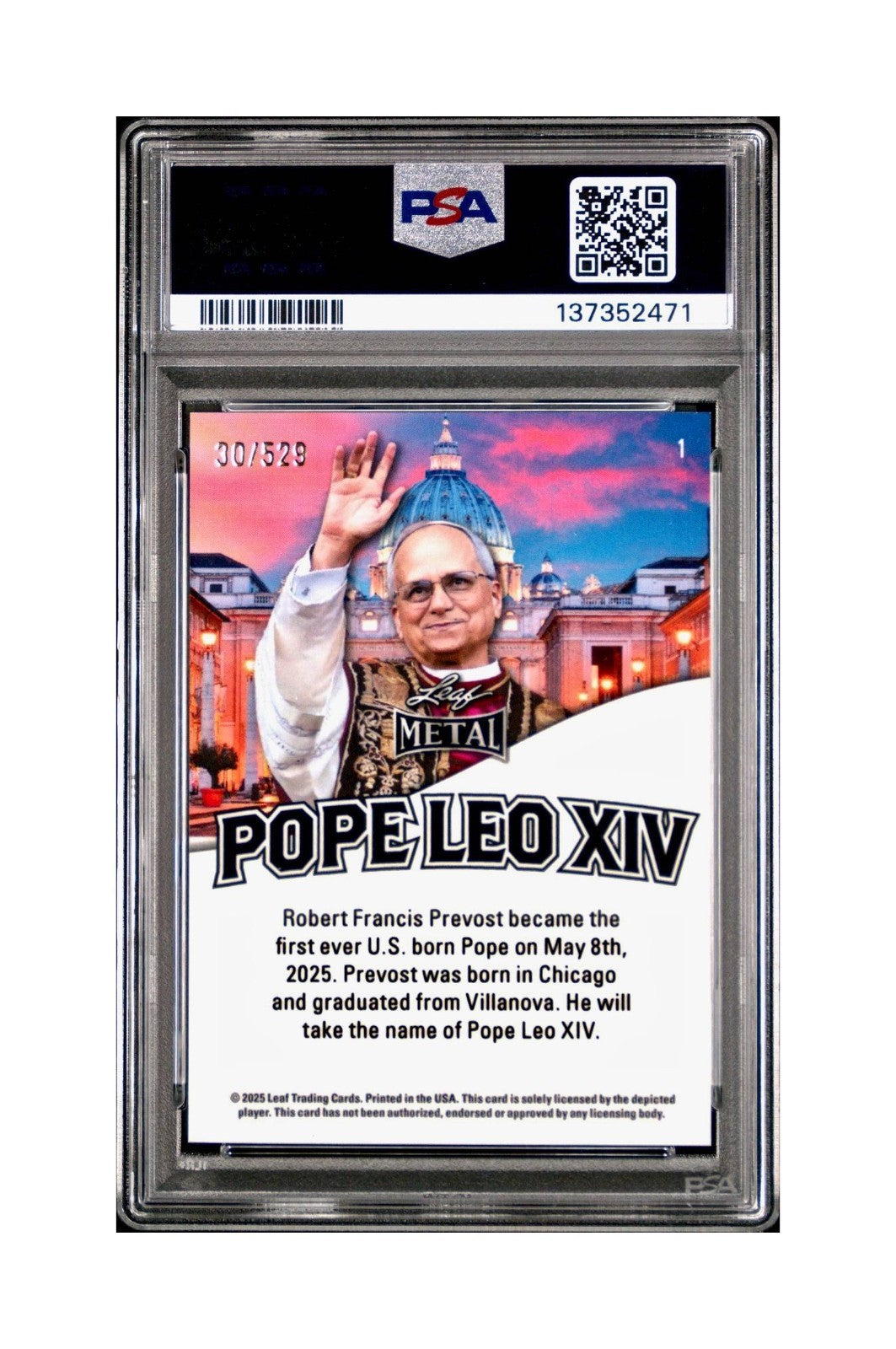 2025 Leaf Metal Pope Leo XIV 30/529 #1 Hot Dog Variant PSA 8 NM-MT