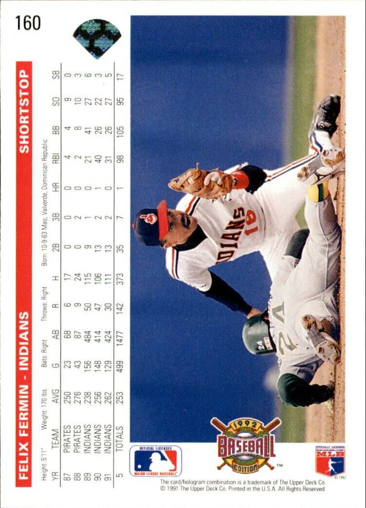 Felix Fermin 1992 Upper Deck MLB #160 Baseball Card Cleveland Indians