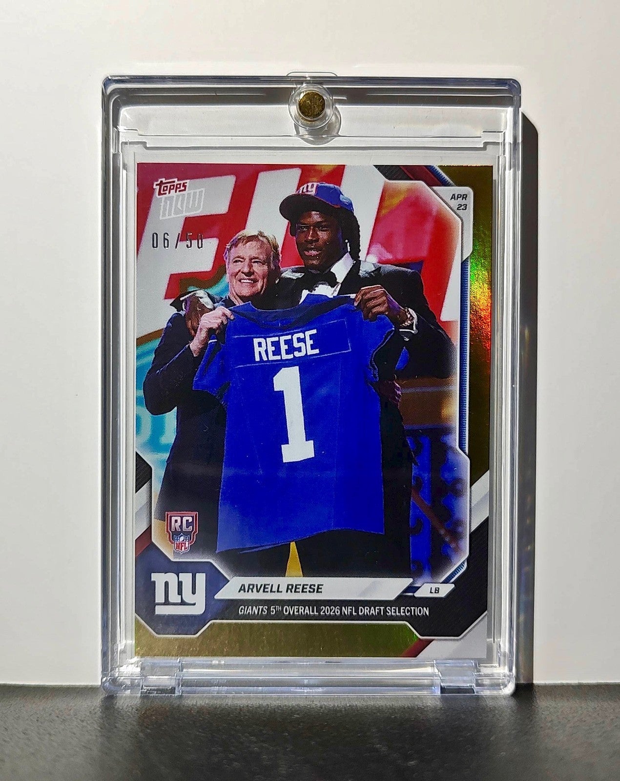 Arvell Reese Rookie 2026 Topps Now Draft Night #AREE Gold Foil 06/50 Card Giants
