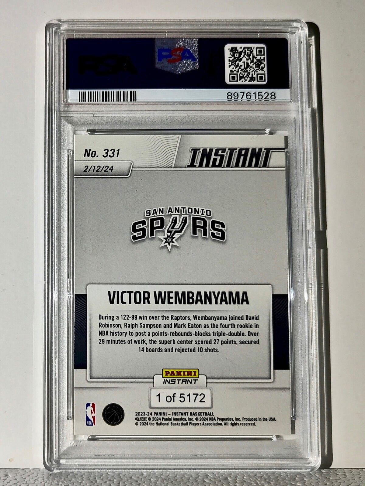 Victor Wembanyama 2023-24 Panini #331 NBA Rookie Card 1 of 5172 PSA 9 MINT