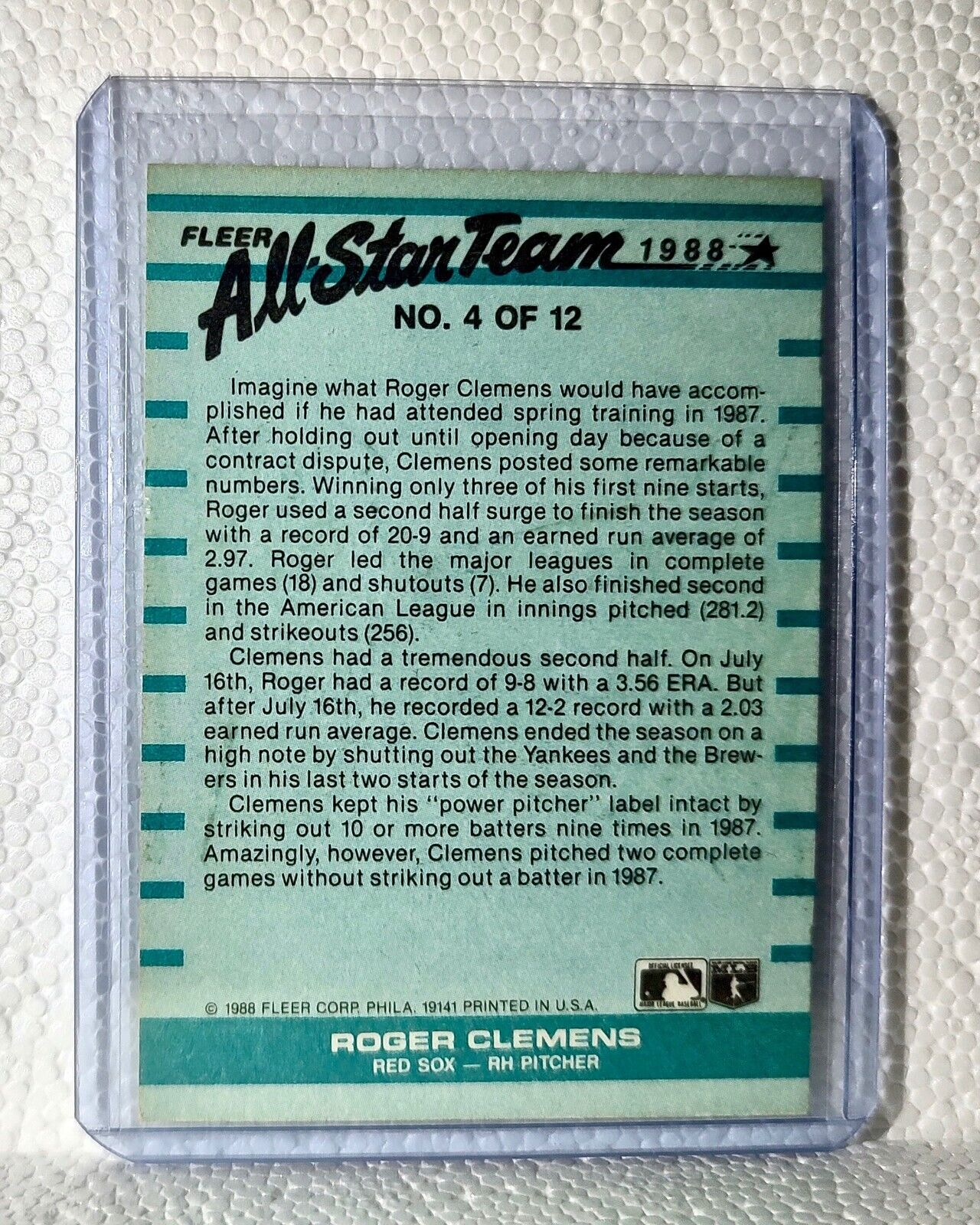 Roger Clemens 1988 Fleer MLB #4 All-Star Team Baseball Card Boston Red Sox