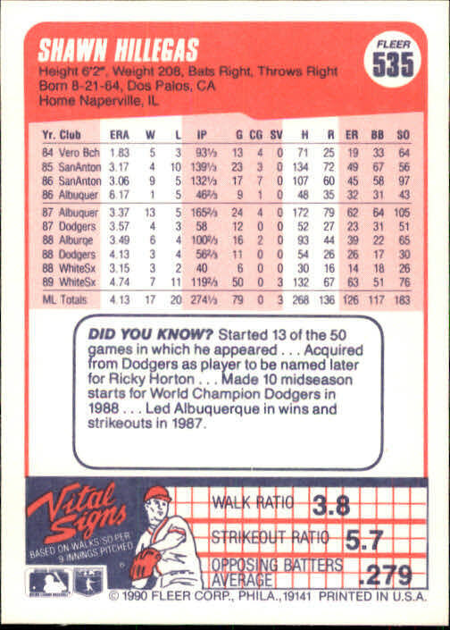 1990 Shawn Hillegas Fleer Baseball Card #535