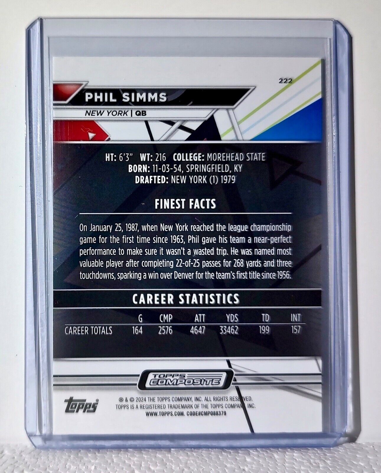 Phil Simms 2023 Topps Finest NFL #222 Football Card New York Giants