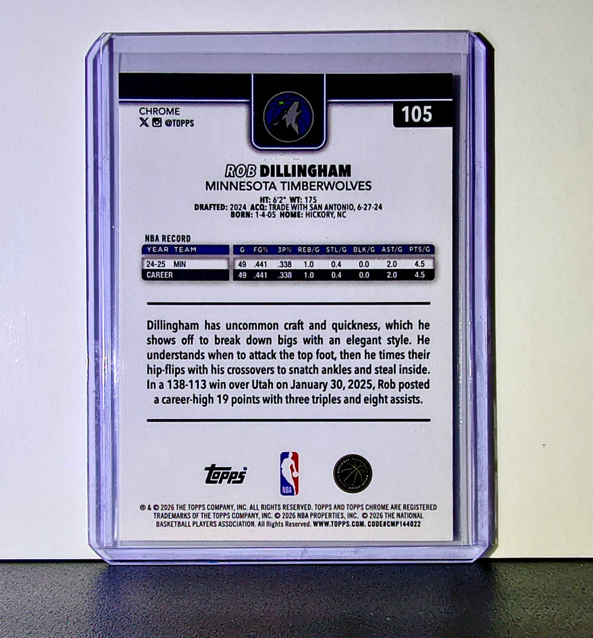 Rob Dillingham 2025-26 NBA Topps Chrome Update #105 Card Minnesota Timberwolves