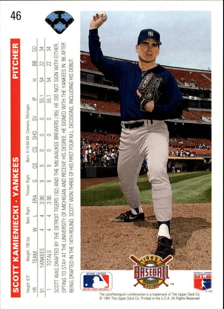 Scott Kamieniecki 1992 Upper Deck MLB #46 Baseball Card New York Yankees
