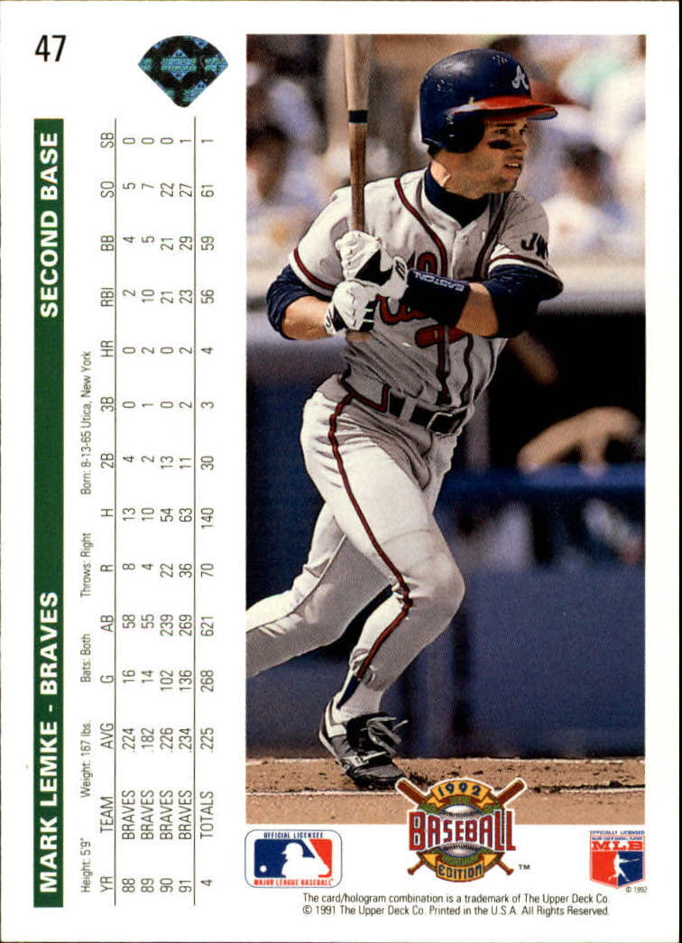 Mark Lemke 1992 Upper Deck MLB #47 Baseball Card Atlanta Braves